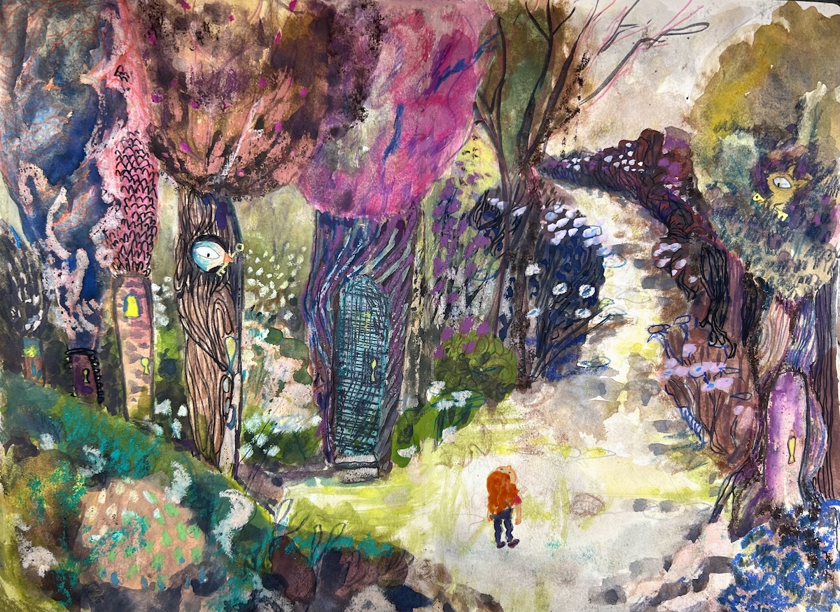 A red-haired child stands before a winding path through a colorful forest, where little doors and windows are tucked into the tree trunks. Illustration by Erin Przekop.
